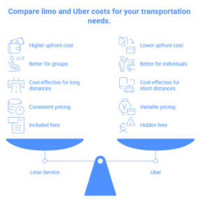 Comparison of limo service and Uber showing pricing, comfort, and service differences